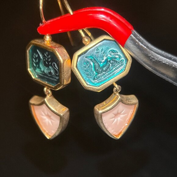 Green/Pink Carved Earrings - Picture 2 of 5